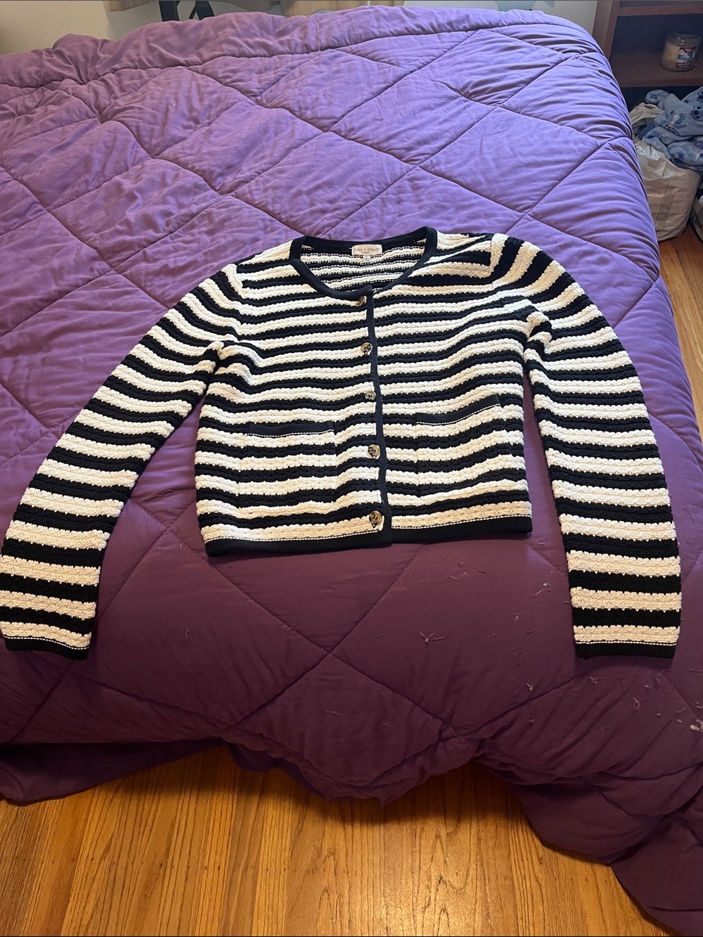 Koko + Mason Striped Black and White Cropped Sweater Cardigan